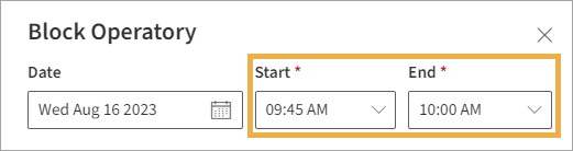 Block Operatory window with yellow highlight boxes around Start and End times and the drop down menu arrow as well as the Save button.